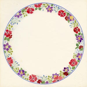 Puede incluir: Un diseño floral circular con un borde azul. El diseño presenta flores rojas, moradas y amarillas con hojas verdes.