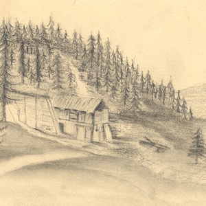Berghütte, Maloja, Schweiz – Bleistiftzeichnung des späten 19