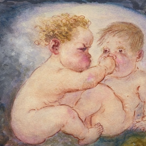 G. Cervelli, Dibujos animados Fighting Babies 'La discorde' - Pintura de acuarela de la década de 1910