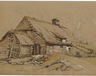 Old Stone Bothy Cottage – Original mid-19th-century charcoal drawing