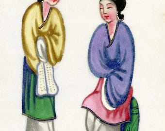 Pintura chinesa original do final do século XIX retratando mulheres da dinastia Qing sobre base de medula.