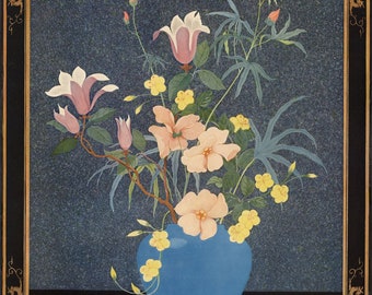 Marius Forestier Lithograph Print c.1920s Decorative Flowers in Blue Vase