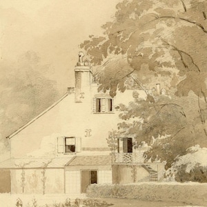 Pode incluir: Pintura em aquarela em tons de sépia de uma casa com telhado inclinado, chaminé e várias janelas. Uma grande árvore sombreia o lado direito. A casa tem uma pequena varanda e é rodeada por um jardim.
