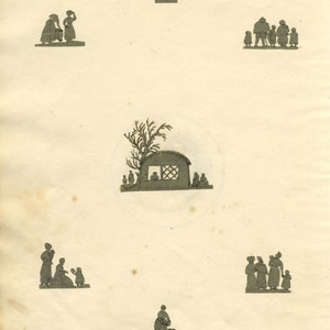 Sheet of Miniature Victorian Cut Paper Silhouettes, Handpainted, c.1830 image 1