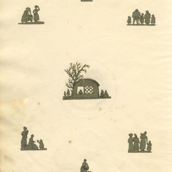 Sheet of Miniature Victorian Cut Paper Silhouettes, Handpainted, c.1830