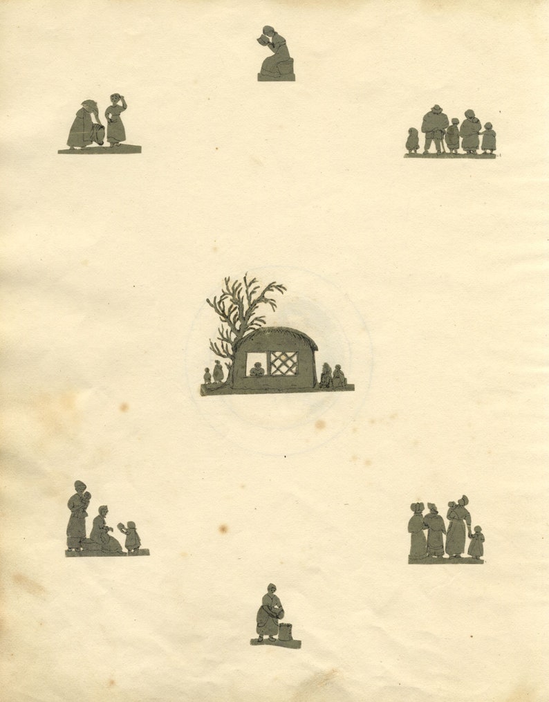 Sheet of Miniature Victorian Cut Paper Silhouettes, Handpainted, c.1830 image 1