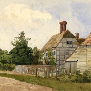 Fachwerkhaus Reetgedeckte Kneipe „The Boar Arms“ – Aquarell aus dem späten 19