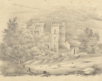 Iglesia rural en un paisaje. Dibujo a grafito. Original de mediados del siglo XIX.