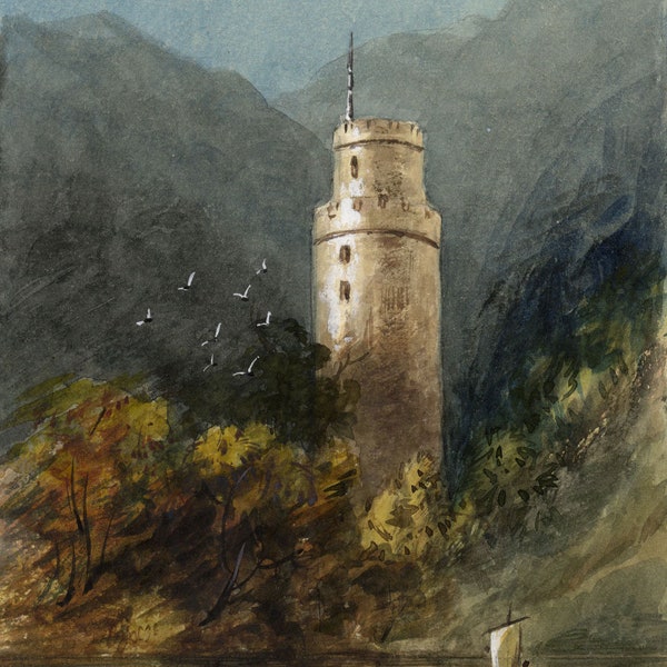 Ochsenturm, Oberwesel, Rhein -- Mitte des 19.Jahrhunderts Aquarellmalerei