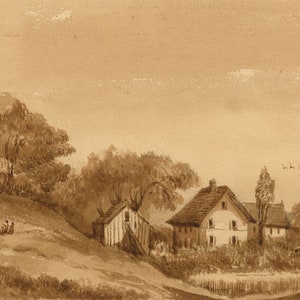 A. Cleroin, Houses & Church, Switzerland – Original 1868 watercolour painting