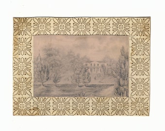 French Manor House Miniature on Perforated Paper – 19th-century graphite drawing