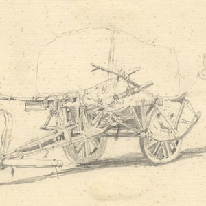 牛と荷車の習作 – 1884 年のオリジナルのグラファイト画