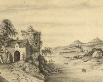 May include: A pencil sketch of a landscape featuring a stone building with an arched entrance and a tower, trees, a river, and distant hills. Several small boats are on the water. The artwork has a vintage aesthetic.