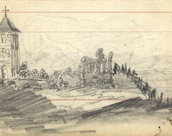 Dibujo a grafito de torre y ruinas de iglesia, siglo XIX, original victoriano