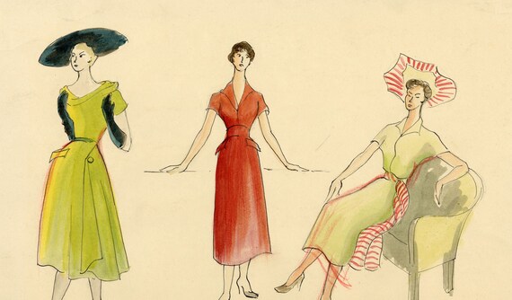 Disenos de vestidos de mujer vintage de los anos 40 pintura de acuarela original de los anos 40 Etsy Espana