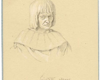 May include: Pencil sketch of a bust of a man with short, straight hair and a high-collared garment. The sketch is labelled "1839 Bust" and signed "Louis XII +1575."