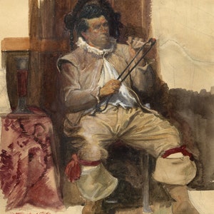 E. Frampton, Lighting Up, A Study (Man with Pipe) – 1891 watercolour painting
