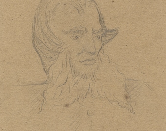May include: A pencil sketch of a man with a long beard and long hair. The man is looking down and to the left. The sketch is done on a brown paper background.