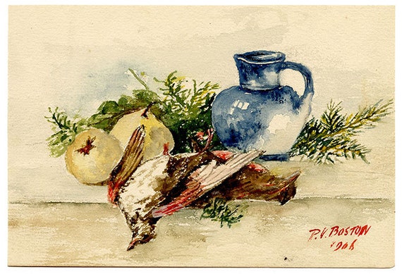 死んだ鳥の静物画 水彩画 1906年 P.V. ボストン オリジナル - Etsy 日本