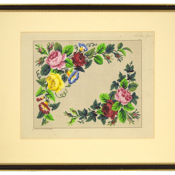 Berlin Woolwork Handpainted Floral Design – mid-19th-century gouache painting
