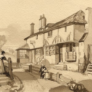 Village Street Scene in Sepia – Original mid-19th-century watercolour painting