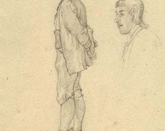 May include: A pencil sketch of two men. The man on the left is wearing a hat and a long coat. He is standing with his hands behind his back. The man on the right is only a head and shoulders sketch. The drawing is on a light brown paper.