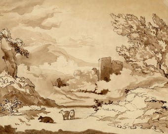 風景の中の風車 ドイツ 水彩画 19世紀中期 オリジナル - Etsy 日本
