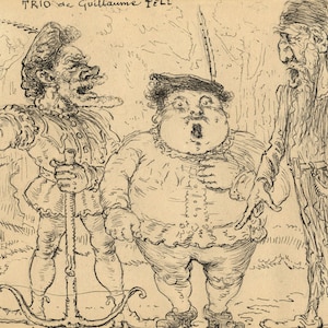 G. Cervelli, William (Guillaume) Tell Trio Satyryczna karykatura – rysunek tuszem z lat 10. XX wieku