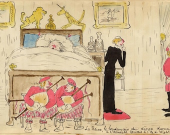 May include: Watercolor illustration depicting a humorous scene. A person is in bed, while two bagpipers play at the foot of the bed. A woman in a black dress and a man in a pink suit are also present. The text in the image reads "La Reine, le lendemain du dîner donné à l'amiral Gervais à l'Île de Wight."