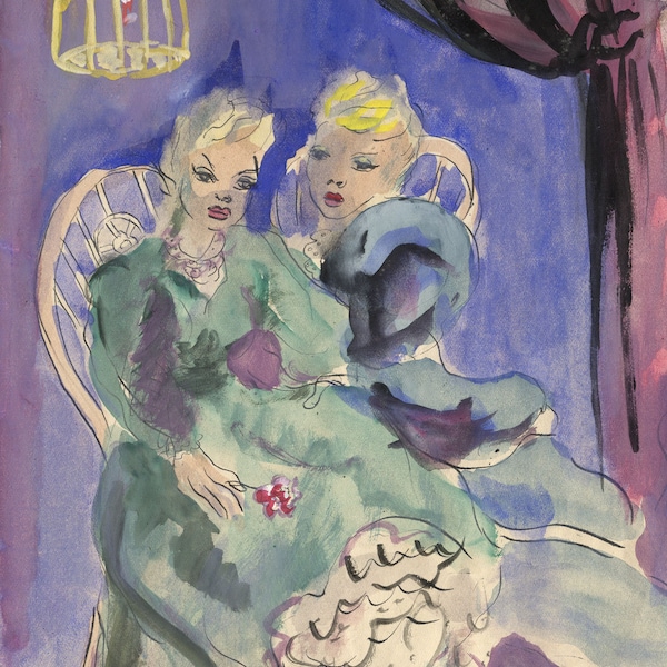 Theatrical Ladies with Bird Cage – Original mid-20th-century gouache painting