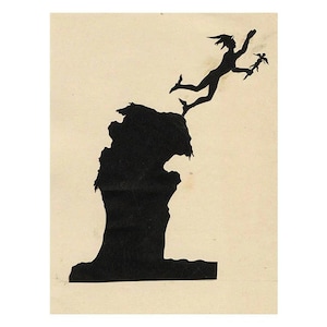 Könnte beinhalten: Eine schwarze Silhouette-Illustration einer Figur, die von einer Klippe springt und eine kleinere Figur hält. Das Kunstwerk ist vor einem cremefarbenen Hintergrund platziert. Die Figuren sind stilisiert, wobei die größere Figur nach oben greift.