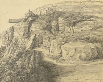 Lovers' Seat Hastings Graphite Drawing 1846 Jane D. Harvey Original