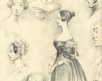 Walter Sneyd Graphite Drawing Early 19th Century Sheet of Caricature Portraits