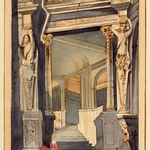 May include: Watercolour painting of an architectural interior with columns, arches, and a staircase. The artwork features classical elements, with figures carved into the columns. The colour palette includes blues, greys, and beige.