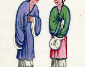 Pintura chinesa original do final do século XIX retratando mulheres da dinastia Qing sobre base de medula.