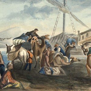 Merchants with Camels on the Nile – mid-19th-century watercolour painting