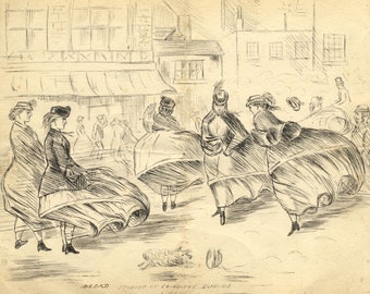 H. Board, Studies of Crinoline during a Gale, Punch – c.1863 pen & ink drawing