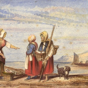 A.L. Rogers, Devon Fisherwomen on Coast – late 19th-century watercolour painting