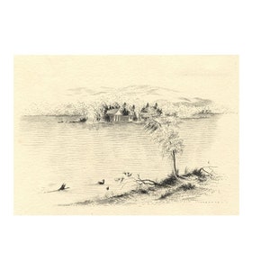 Landhaus am See in Landschaft – Original Zeichnung, spätes 19.Jh