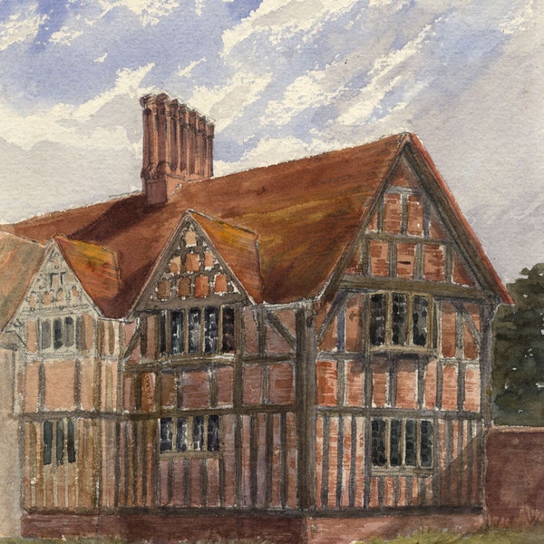 C.H.F., Fachwerkhaus aus rotem Backstein, Surrey – Aquarell aus dem späten 19.