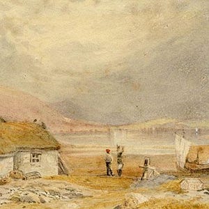 Coastal Bay with Cottage & Fishermen – mid-19th-century watercolour painting