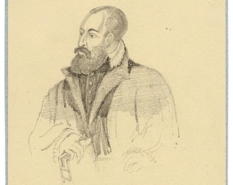 May include: Pencil sketch portrait of Pierre de la Ramée, a man with a beard and a high collar. The drawing is on aged paper, with the name and the year 1572 written below the portrait. The sketch is a historical artwork.
