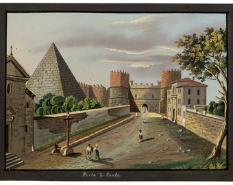 Puede incluir: Una ilustración coloreada a mano que representa una vista de la Porta S. Paolo en Roma, Italia. La imagen muestra una pirámide de piedra, una puerta fortificada y una calle con gente caminando. El cielo está nublado y la escena está bañada en una luz cálida.