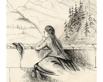 Girl Surveying Alpine Landscape – Original mid-19th-century pen & ink drawing