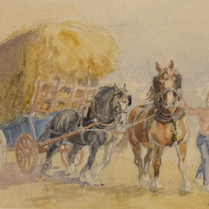 Cecil 'Mogs' Elgee, Pferde ziehen Heuwagen - Aquarell Mitte des 20.Jahrhunderts