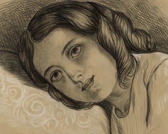Resting Girl Portrait Chalk Drawing Mid 19th Century Alice J. Morton Original
