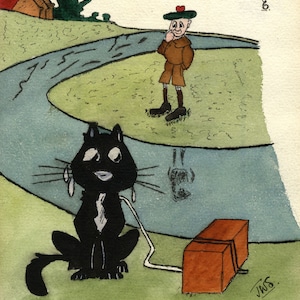 J.W. Dibujos animados de Stanger, un gato con nueve vidas – Pintura de acuarela original de 1917
