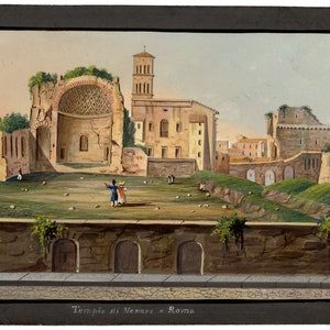 May include: Watercolor painting of ancient Roman ruins and buildings, including a tall bell tower. The artwork features a grassy area with small figures and the text "Templa di Venere e Roma" at the bottom. The painting is framed in black.