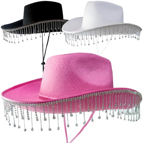 Chapeaux de cow-boy rodéo avec pompons en strass, accessoires d'enterrement de vie de jeune fille, chapeaux de cow-girl, décoration de douche nuptiale, cadeau de future mariée, chapeau d'enterrement de vie de jeune fille