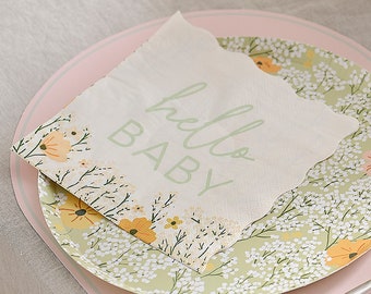 16 florale Babyparty-Servietten, Hello Baby-Servietten, neutrale Babyparty-Partyzubehör, Unisex-Babyparty-Dekorationen, florale Papierservietten